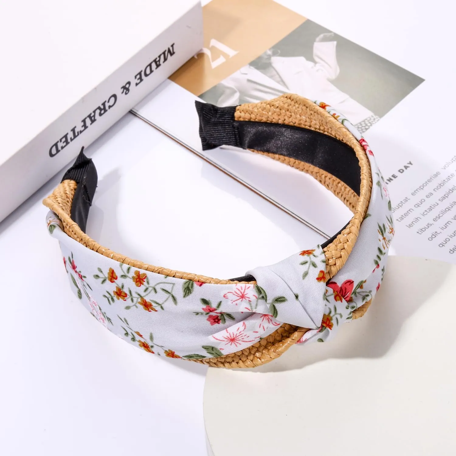Straw Rattan Headband for Women, Raffia Knotted Headband Summer Floral Headband Embellished Wide Top Knot Headband Boho Summer Beach Hair Accessories