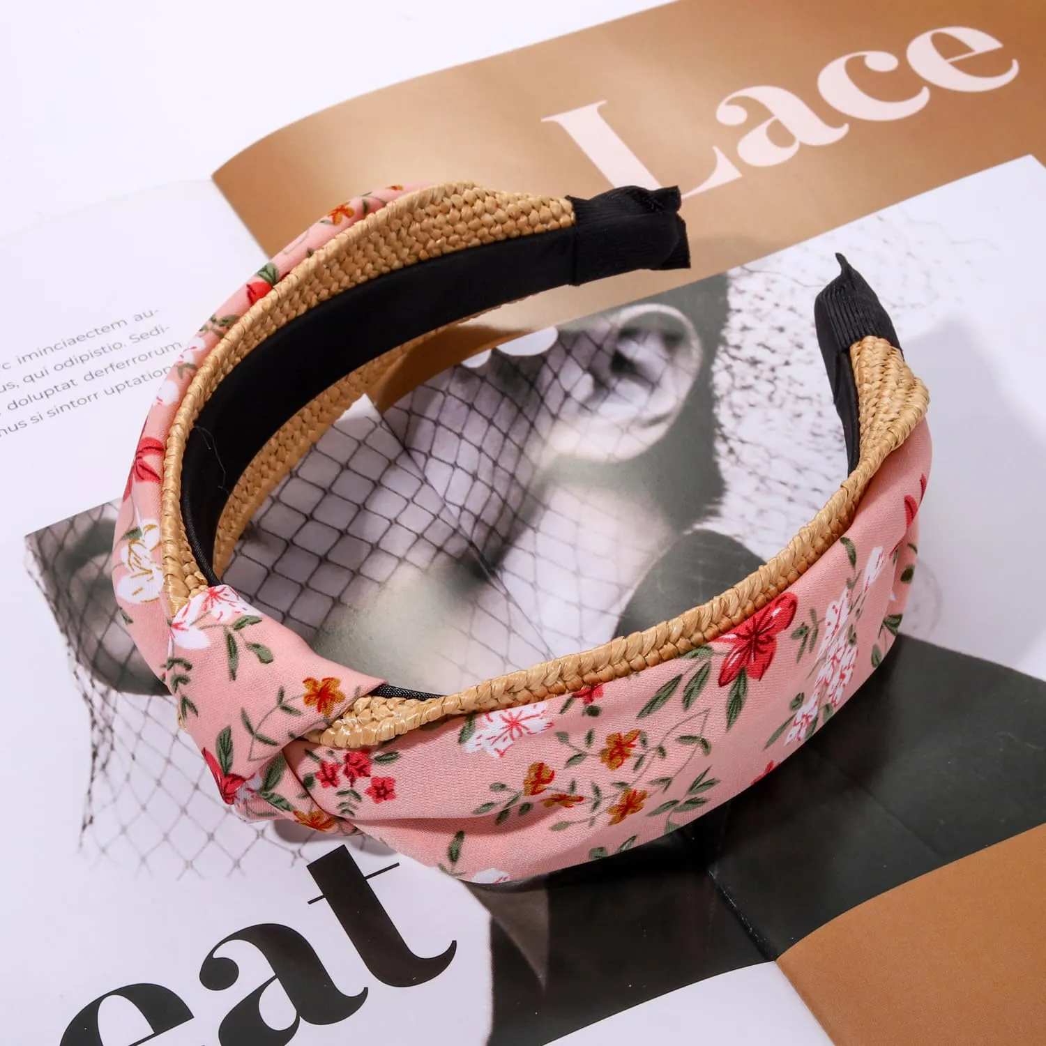Straw Rattan Headband for Women, Raffia Knotted Headband Summer Floral Headband Embellished Wide Top Knot Headband Boho Summer Beach Hair Accessories