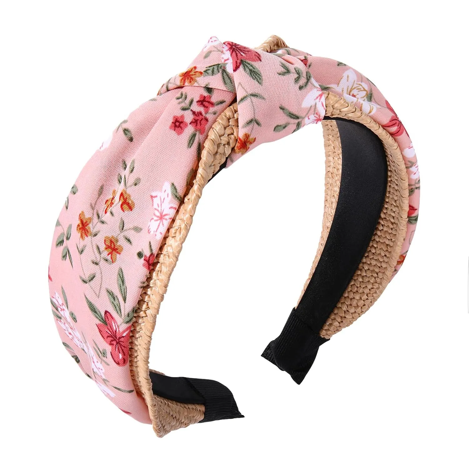 Straw Rattan Headband for Women, Raffia Knotted Headband Summer Floral Headband Embellished Wide Top Knot Headband Boho Summer Beach Hair Accessories