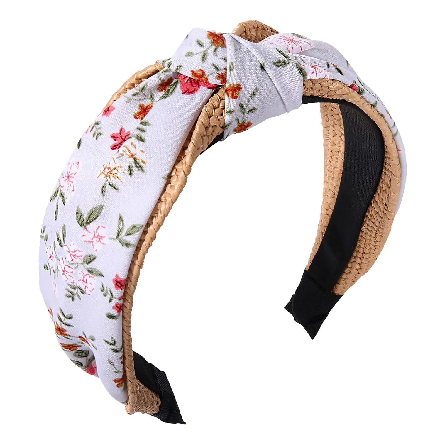 Straw Rattan Headband for Women, Raffia Knotted Headband Summer Floral Headband Embellished Wide Top Knot Headband Boho Summer Beach Hair Accessories