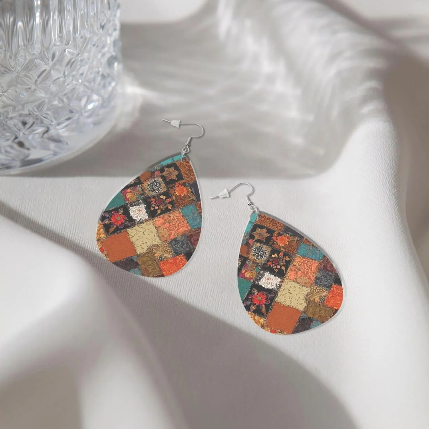 Stylish Drop-Shaped Acrylic Earrings Lightweight Printed Teardrop Dangle Earrings for Women (African Style Patchwork)