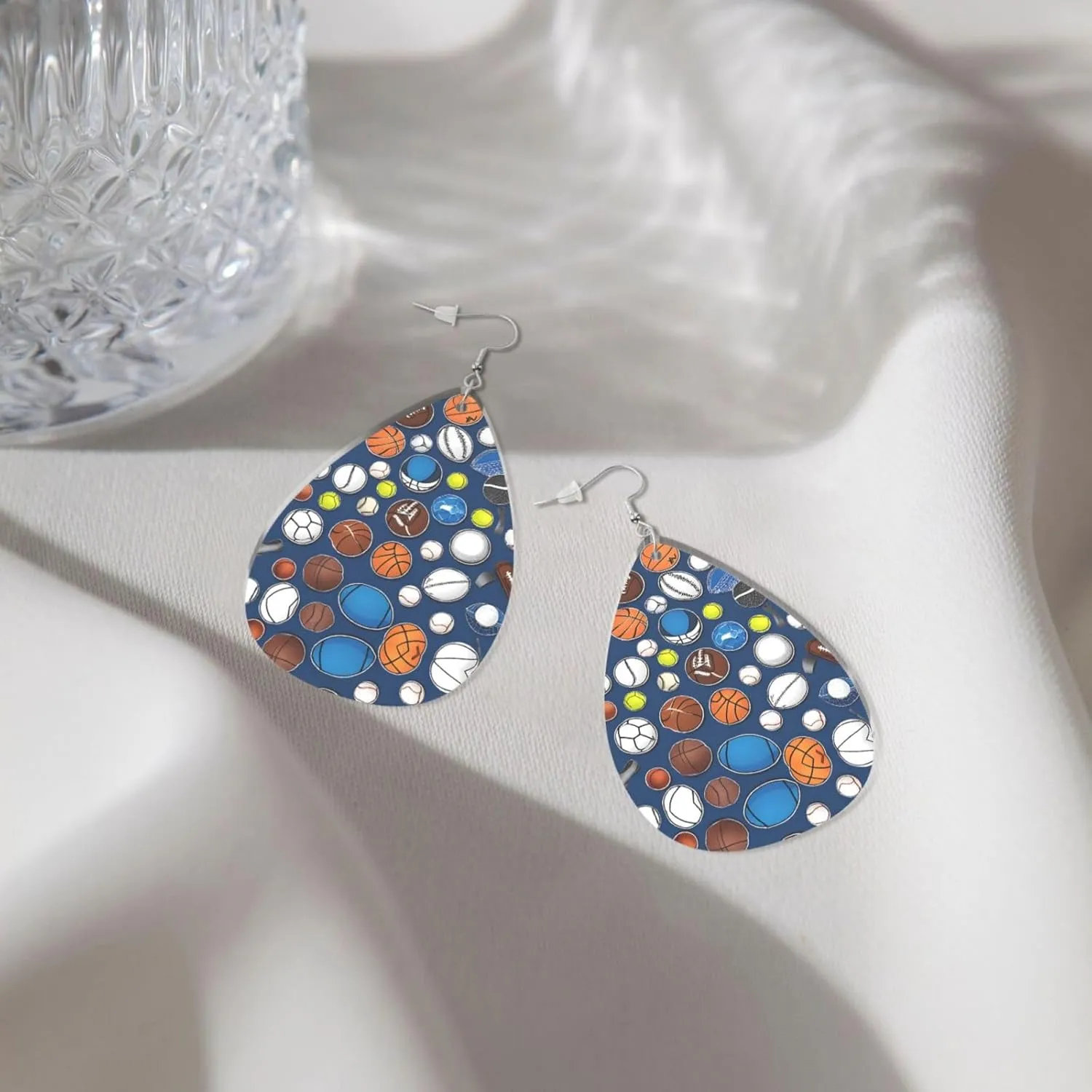 Stylish Drop-Shaped Acrylic Earrings Lightweight Printed Teardrop Dangle Earrings for Women (Baseball Basketball Football Print)