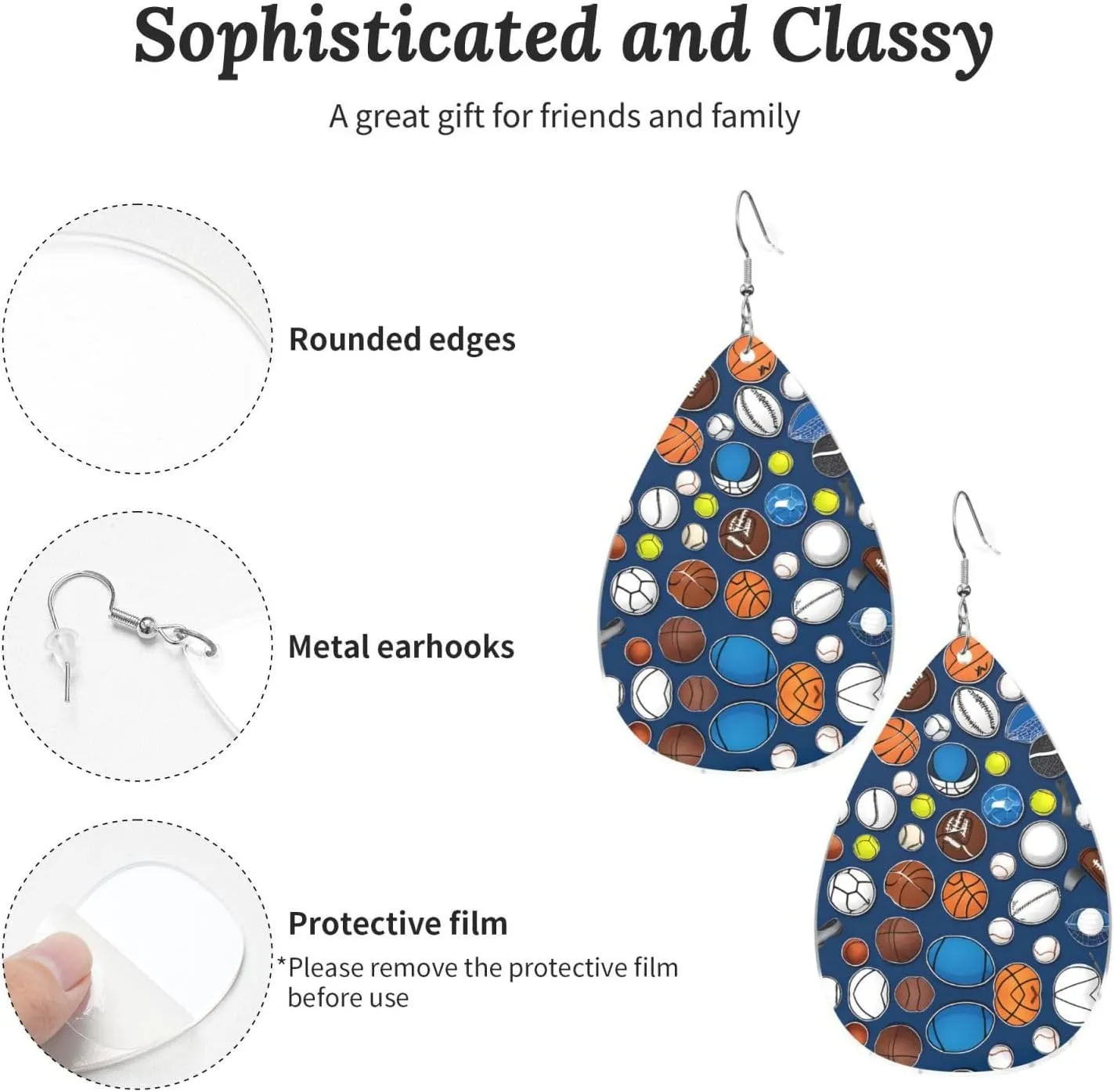Stylish Drop-Shaped Acrylic Earrings Lightweight Printed Teardrop Dangle Earrings for Women (Baseball Basketball Football Print)