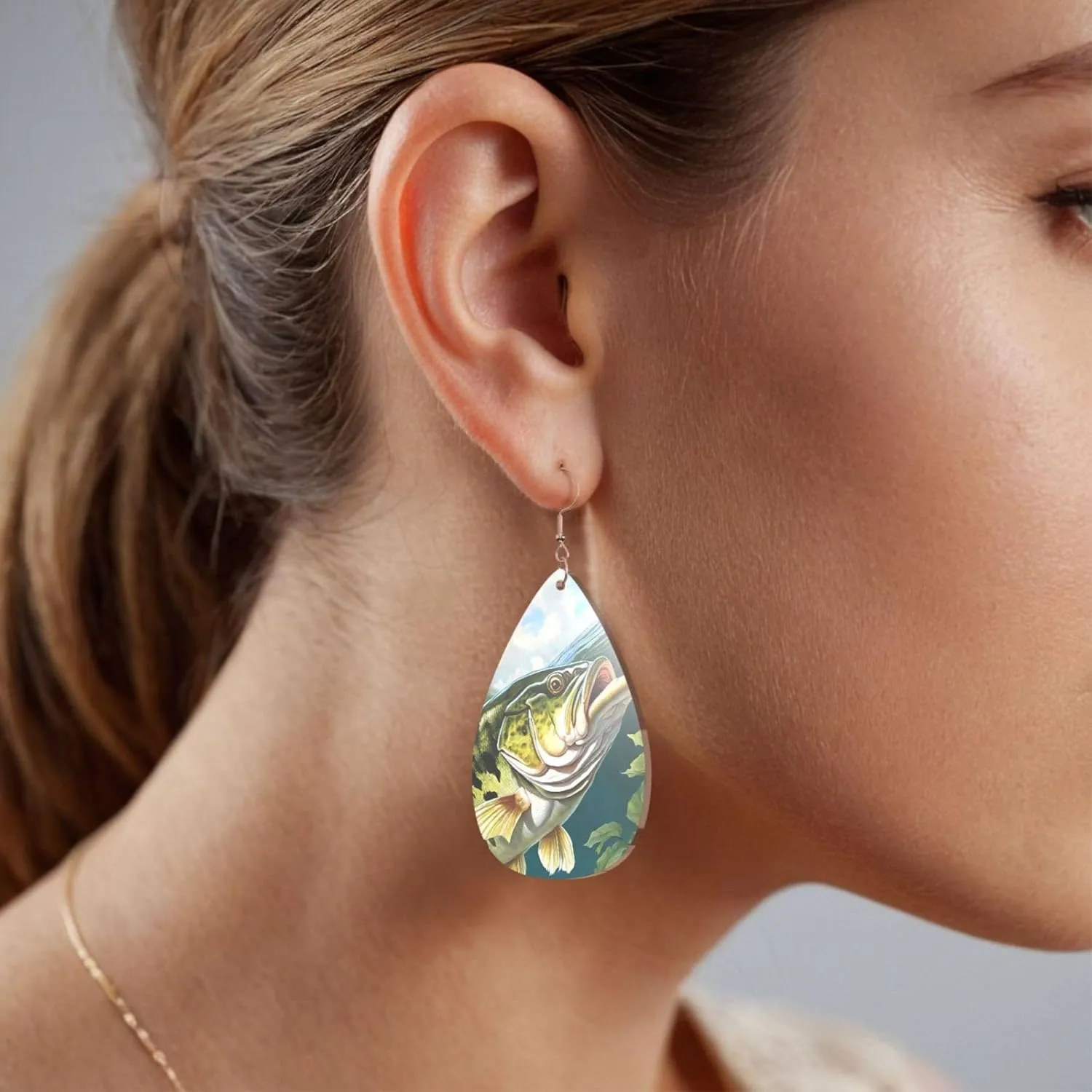 Stylish Drop-Shaped Acrylic Earrings Lightweight Printed Teardrop Dangle Earrings for Women (Bass Fishing Wave)