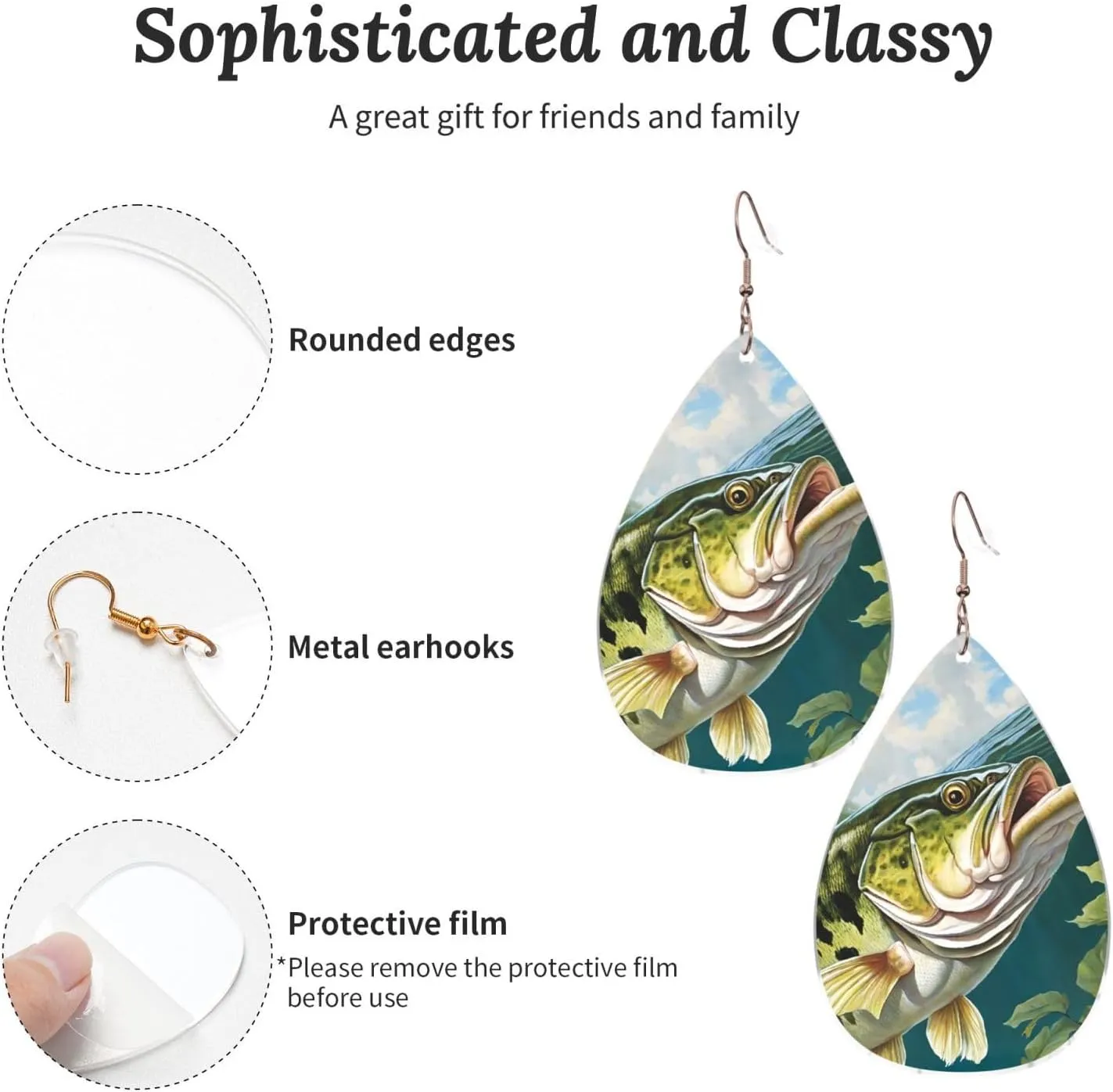 Stylish Drop-Shaped Acrylic Earrings Lightweight Printed Teardrop Dangle Earrings for Women (Bass Fishing Wave)