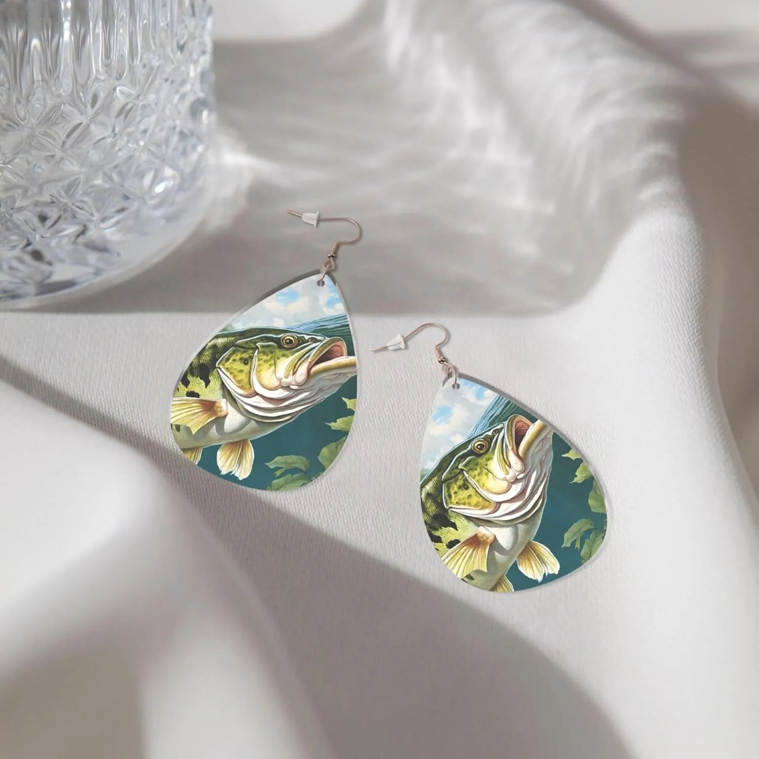 Stylish Drop-Shaped Acrylic Earrings Lightweight Printed Teardrop Dangle Earrings for Women (Bass Fishing Wave)