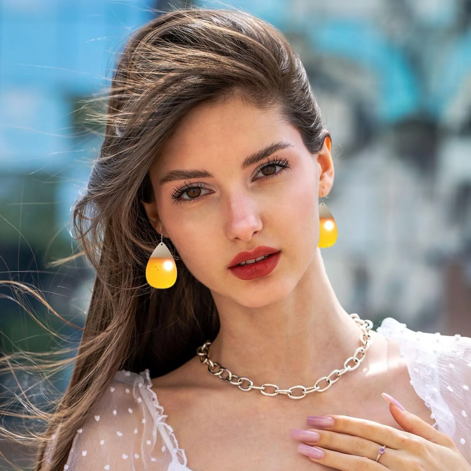 Stylish Drop-Shaped Acrylic Earrings Lightweight Printed Teardrop Dangle Earrings for Women (Beer Foam)