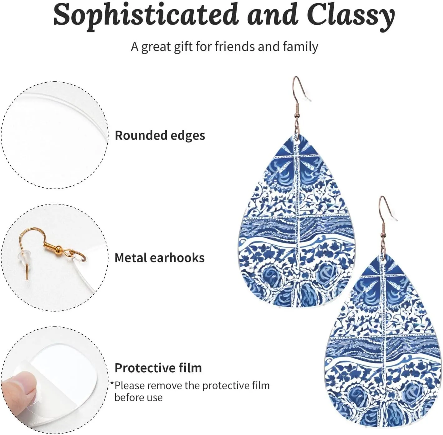 Stylish Drop-Shaped Acrylic Earrings Lightweight Printed Teardrop Dangle Earrings for Women (Blue Polynesian Maori Tribal Pattern)