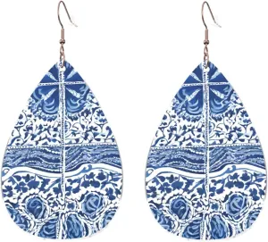Stylish Drop-Shaped Acrylic Earrings Lightweight Printed Teardrop Dangle Earrings for Women (Blue Polynesian Maori Tribal Pattern)
