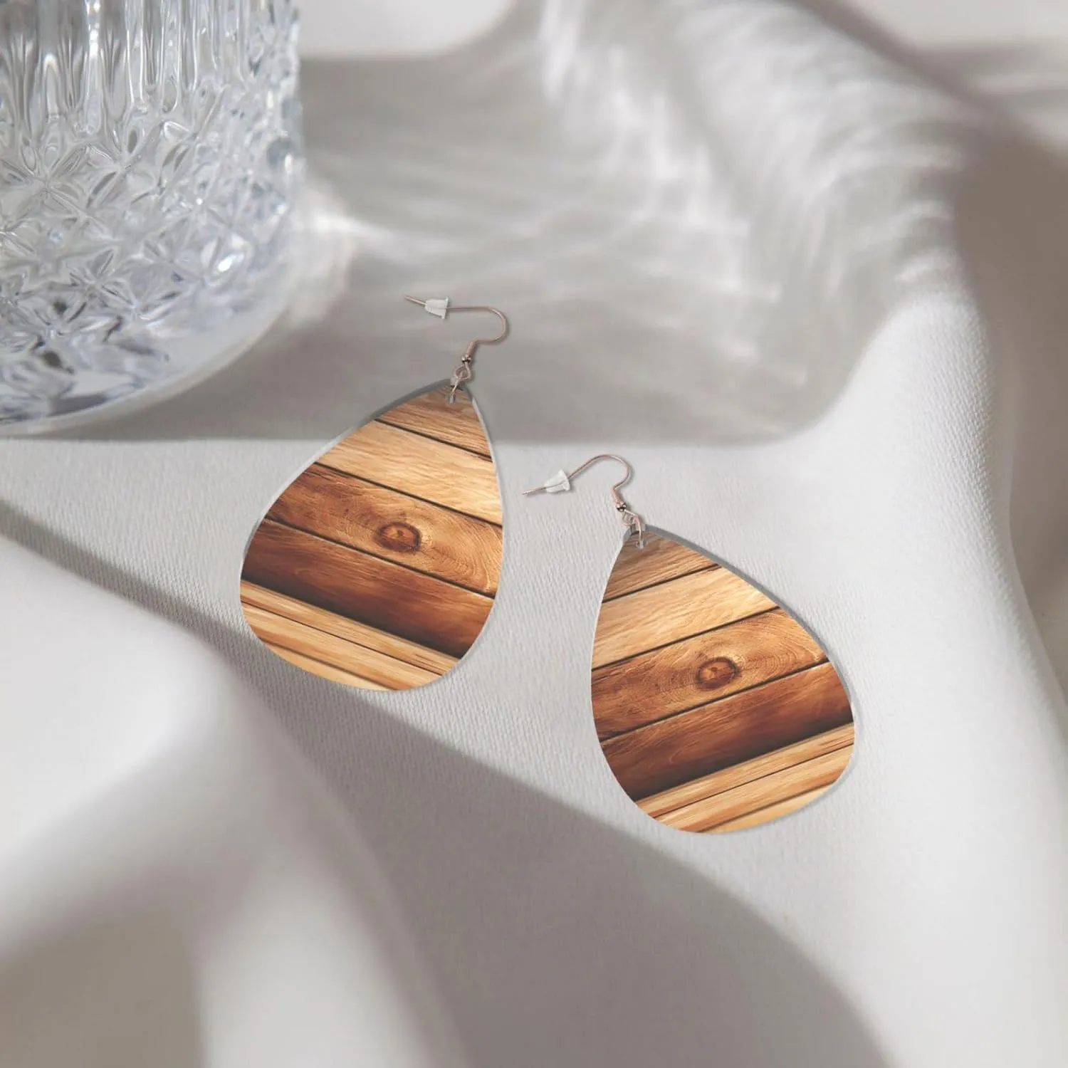 Stylish Drop-Shaped Acrylic Earrings Lightweight Printed Teardrop Dangle Earrings for Women (Brown Wooden)