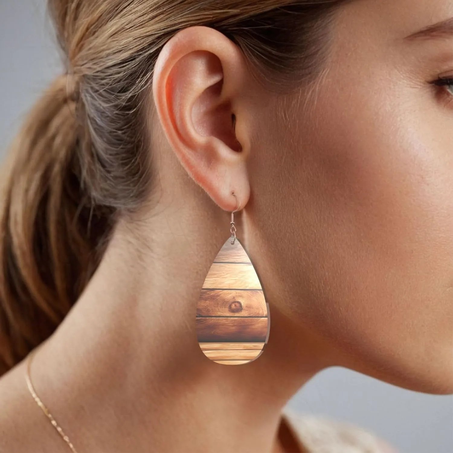 Stylish Drop-Shaped Acrylic Earrings Lightweight Printed Teardrop Dangle Earrings for Women (Brown Wooden)
