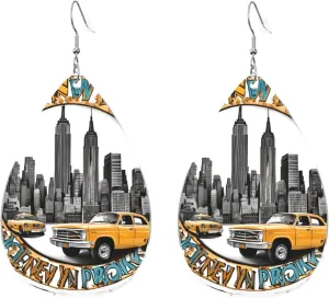 Stylish Drop-Shaped Acrylic Earrings Lightweight Printed Teardrop Dangle Earrings for Women (Cartoon Cute New York Theme Art)