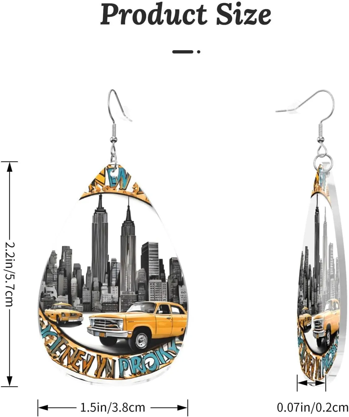 Stylish Drop-Shaped Acrylic Earrings Lightweight Printed Teardrop Dangle Earrings for Women (Cartoon Cute New York Theme Art)