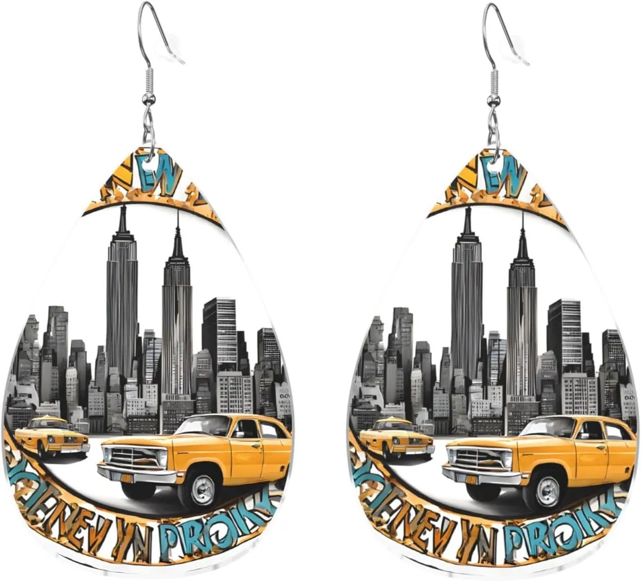 Stylish Drop-Shaped Acrylic Earrings Lightweight Printed Teardrop Dangle Earrings for Women (Cartoon Cute New York Theme Art)