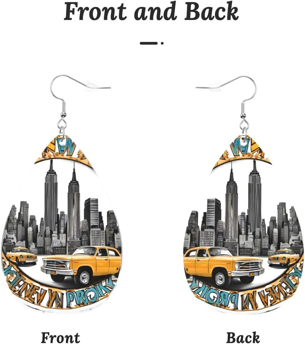 Stylish Drop-Shaped Acrylic Earrings Lightweight Printed Teardrop Dangle Earrings for Women (Cartoon Cute New York Theme Art)