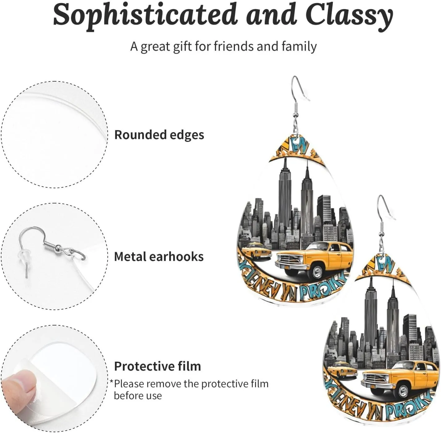 Stylish Drop-Shaped Acrylic Earrings Lightweight Printed Teardrop Dangle Earrings for Women (Cartoon Cute New York Theme Art)