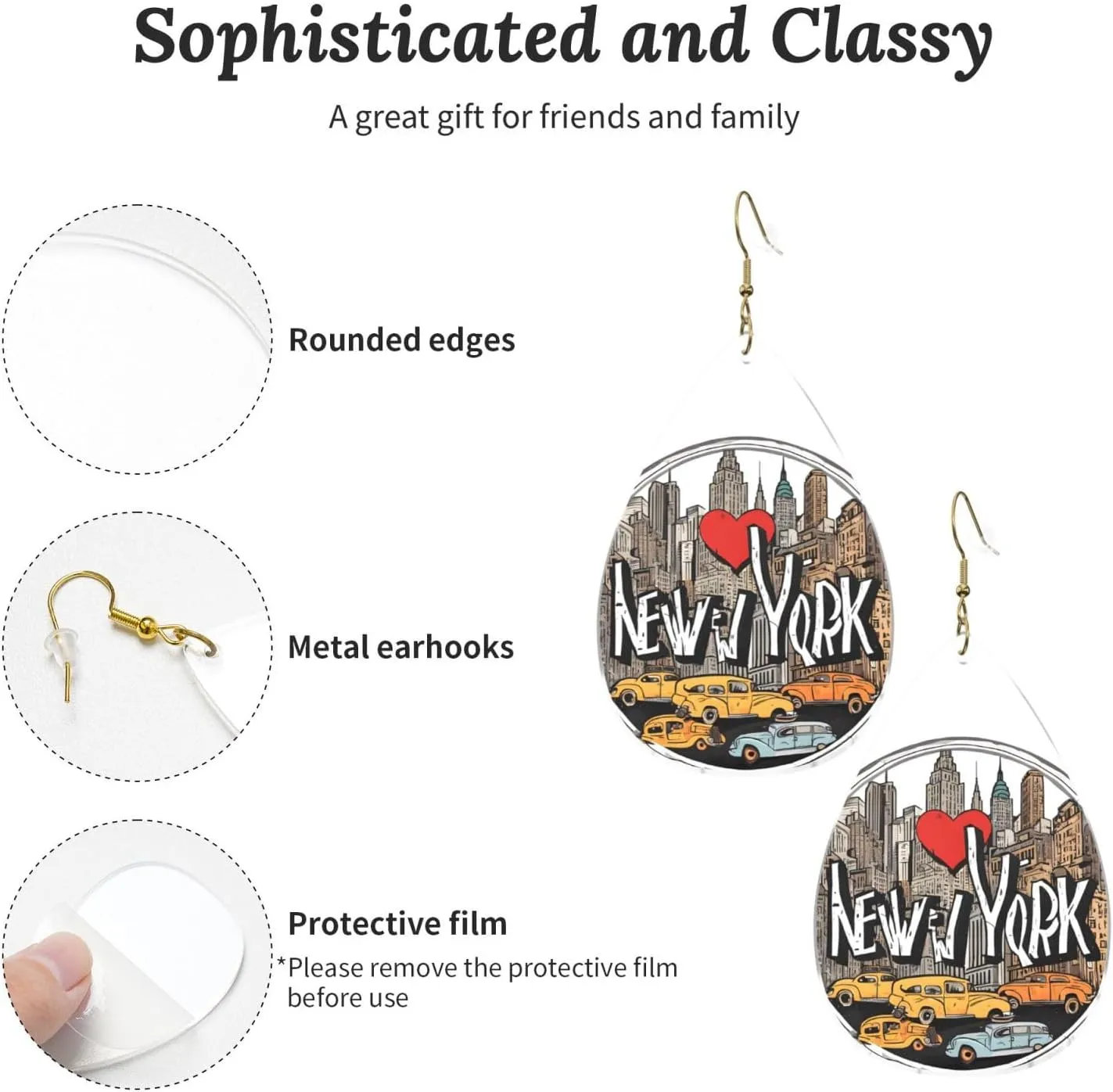 Stylish Drop-Shaped Acrylic Earrings Lightweight Printed Teardrop Dangle Earrings for Women (Cartoon Cute New York)