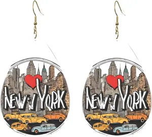 Stylish Drop-Shaped Acrylic Earrings Lightweight Printed Teardrop Dangle Earrings for Women (Cartoon Cute New York)