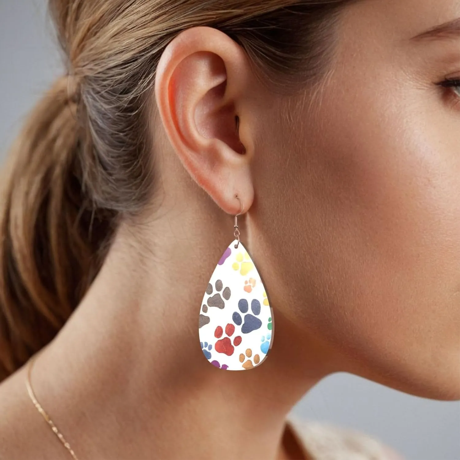 Stylish Drop-Shaped Acrylic Earrings Lightweight Printed Teardrop Dangle Earrings for Women (Colorful Dog Paw Print)
