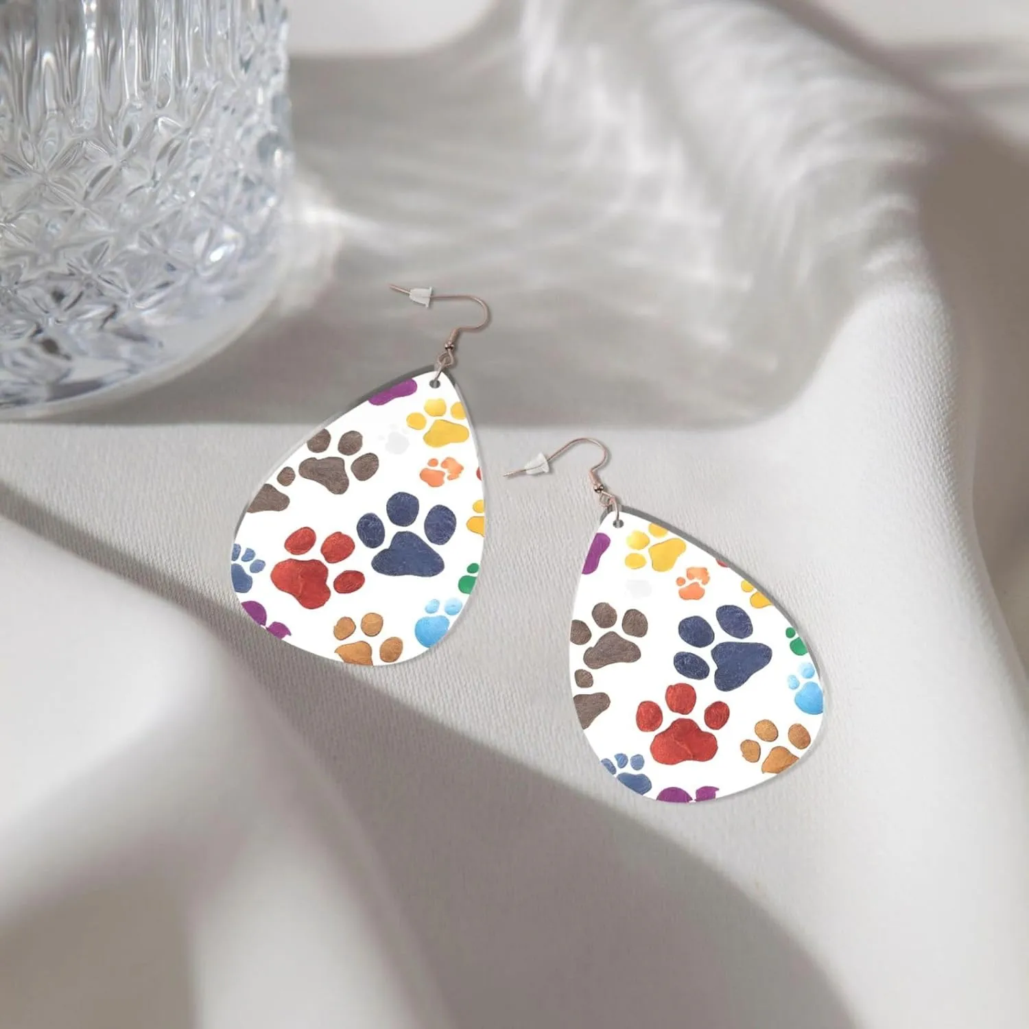 Stylish Drop-Shaped Acrylic Earrings Lightweight Printed Teardrop Dangle Earrings for Women (Colorful Dog Paw Print)