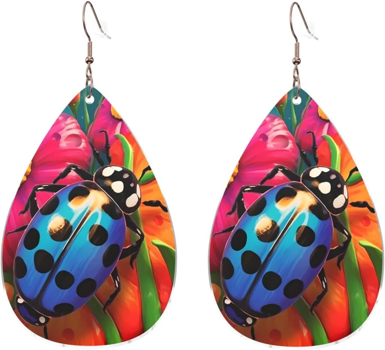 Stylish Drop-Shaped Acrylic Earrings Lightweight Printed Teardrop Dangle Earrings for Women (Colorful Ladybird)