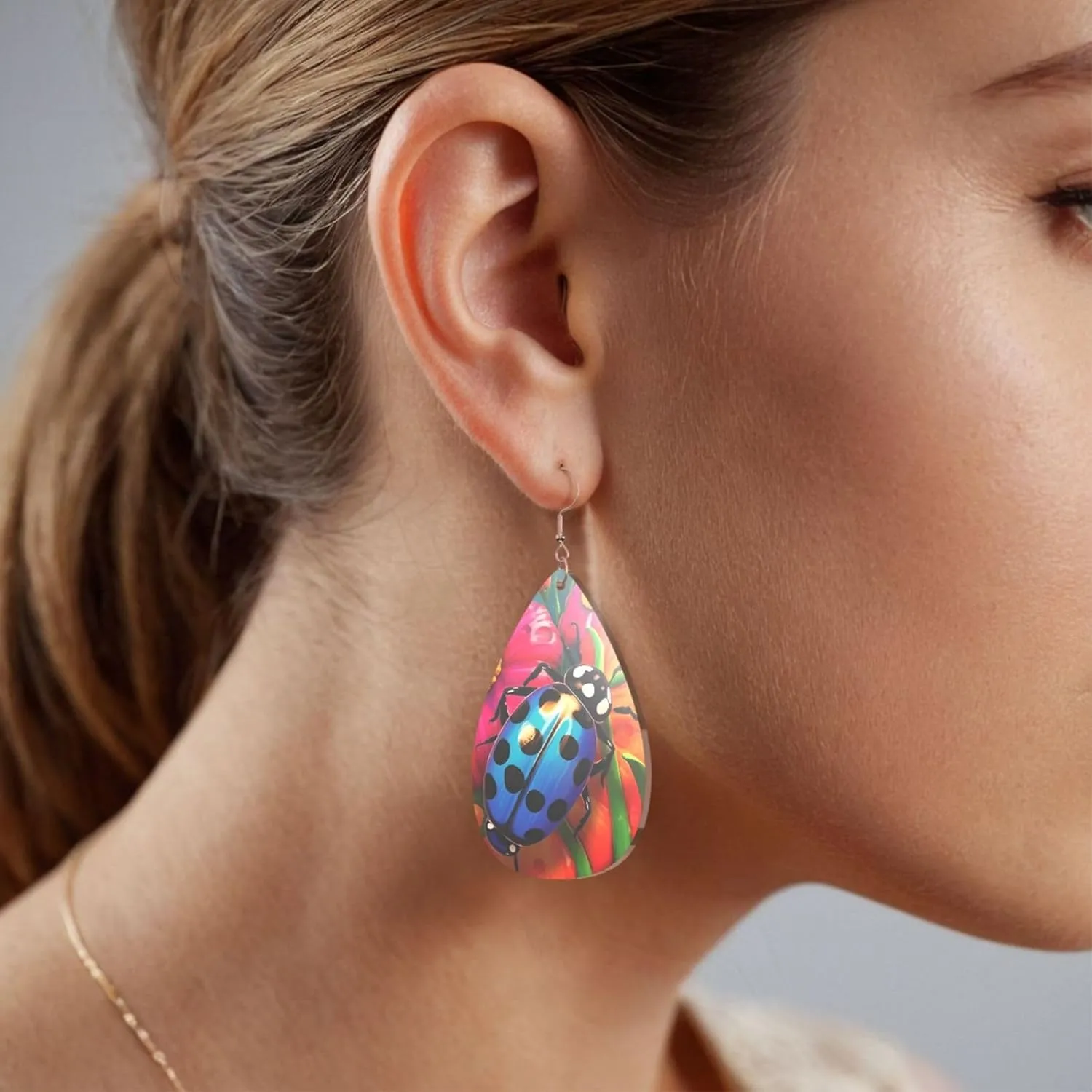 Stylish Drop-Shaped Acrylic Earrings Lightweight Printed Teardrop Dangle Earrings for Women (Colorful Ladybird)