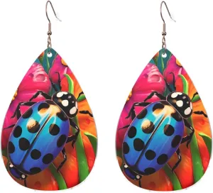 Stylish Drop-Shaped Acrylic Earrings Lightweight Printed Teardrop Dangle Earrings for Women (Colorful Ladybird)