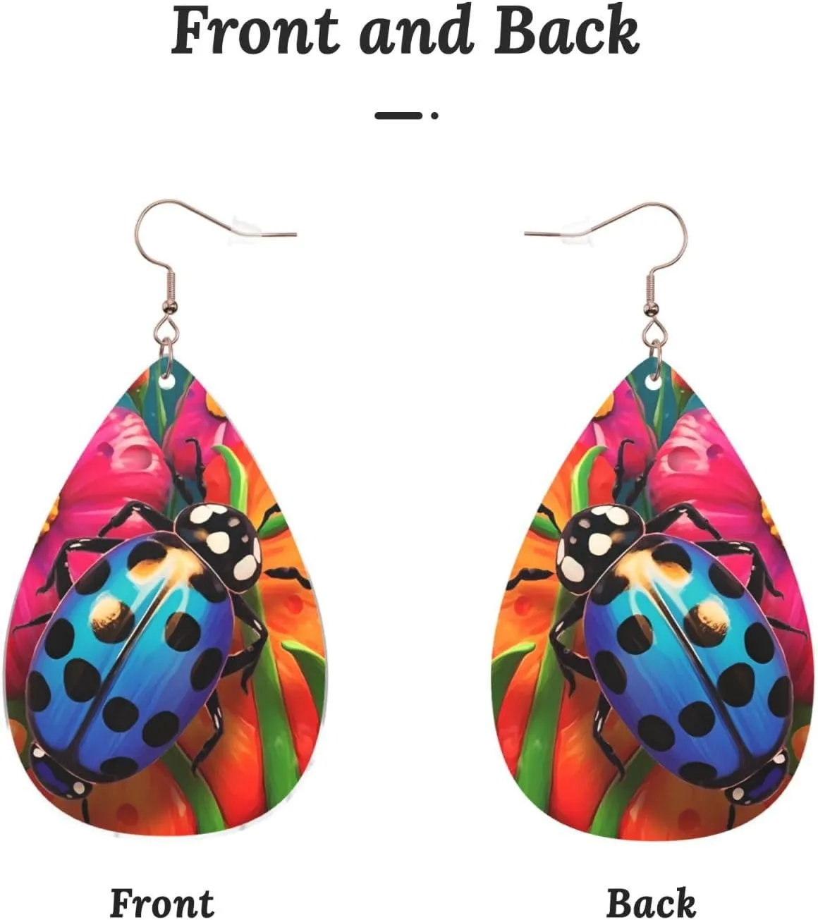 Stylish Drop-Shaped Acrylic Earrings Lightweight Printed Teardrop Dangle Earrings for Women (Colorful Ladybird)