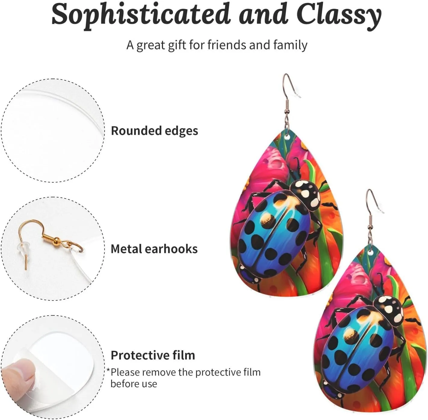 Stylish Drop-Shaped Acrylic Earrings Lightweight Printed Teardrop Dangle Earrings for Women (Colorful Ladybird)