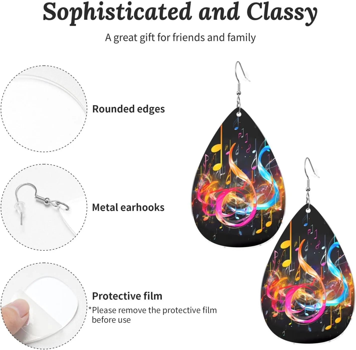 Stylish Drop-Shaped Acrylic Earrings Lightweight Printed Teardrop Dangle Earrings for Women (Colorful Musical Note)