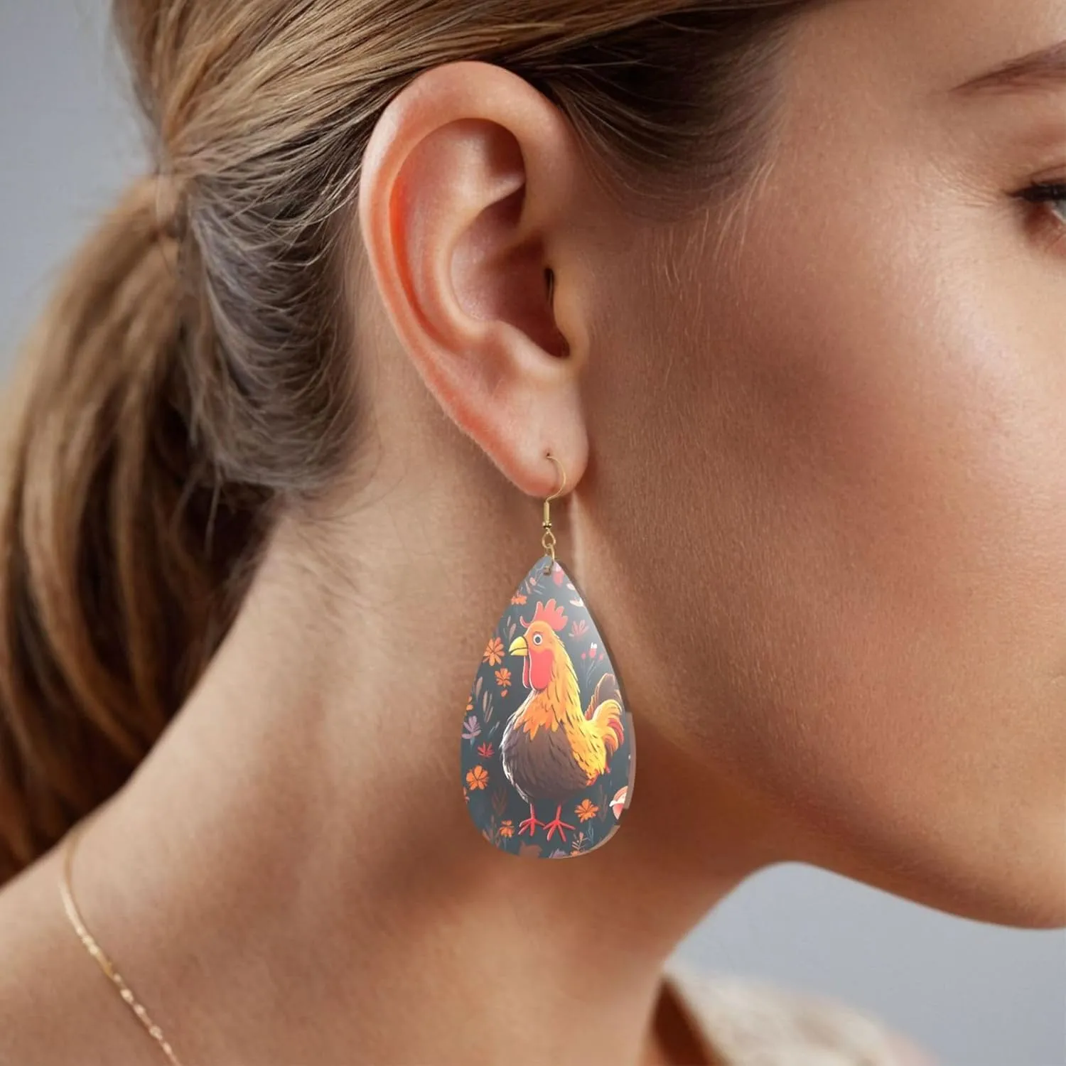 Stylish Drop-Shaped Acrylic Earrings Lightweight Printed Teardrop Dangle Earrings for Women (Cute Rooster Chickens)