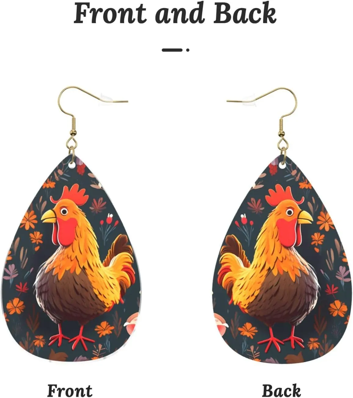 Stylish Drop-Shaped Acrylic Earrings Lightweight Printed Teardrop Dangle Earrings for Women (Cute Rooster Chickens)