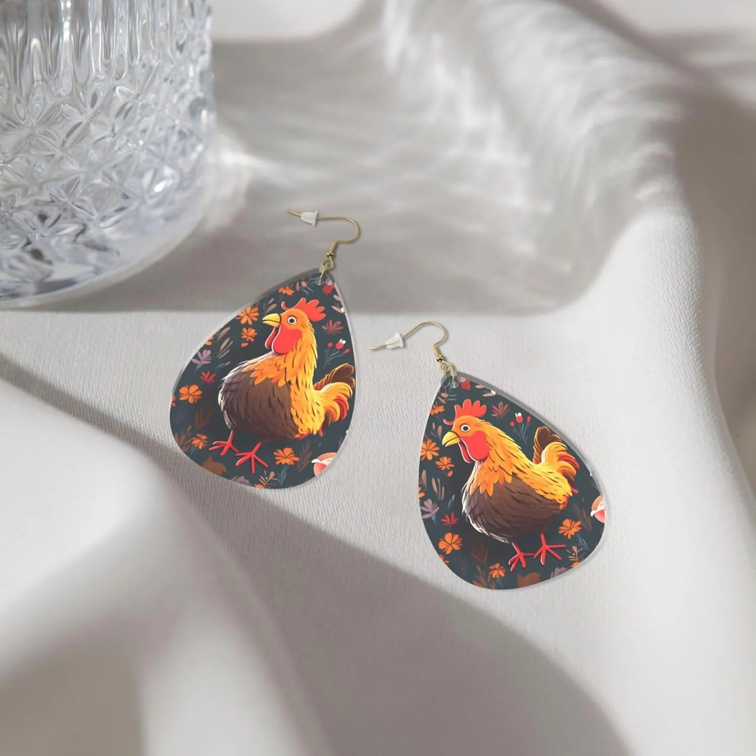Stylish Drop-Shaped Acrylic Earrings Lightweight Printed Teardrop Dangle Earrings for Women (Cute Rooster Chickens)