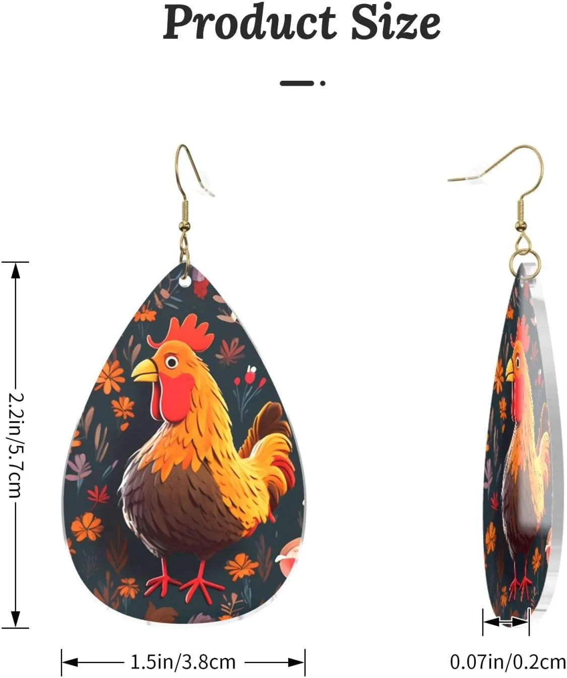 Stylish Drop-Shaped Acrylic Earrings Lightweight Printed Teardrop Dangle Earrings for Women (Cute Rooster Chickens)