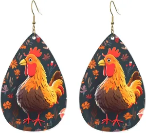 Stylish Drop-Shaped Acrylic Earrings Lightweight Printed Teardrop Dangle Earrings for Women (Cute Rooster Chickens)