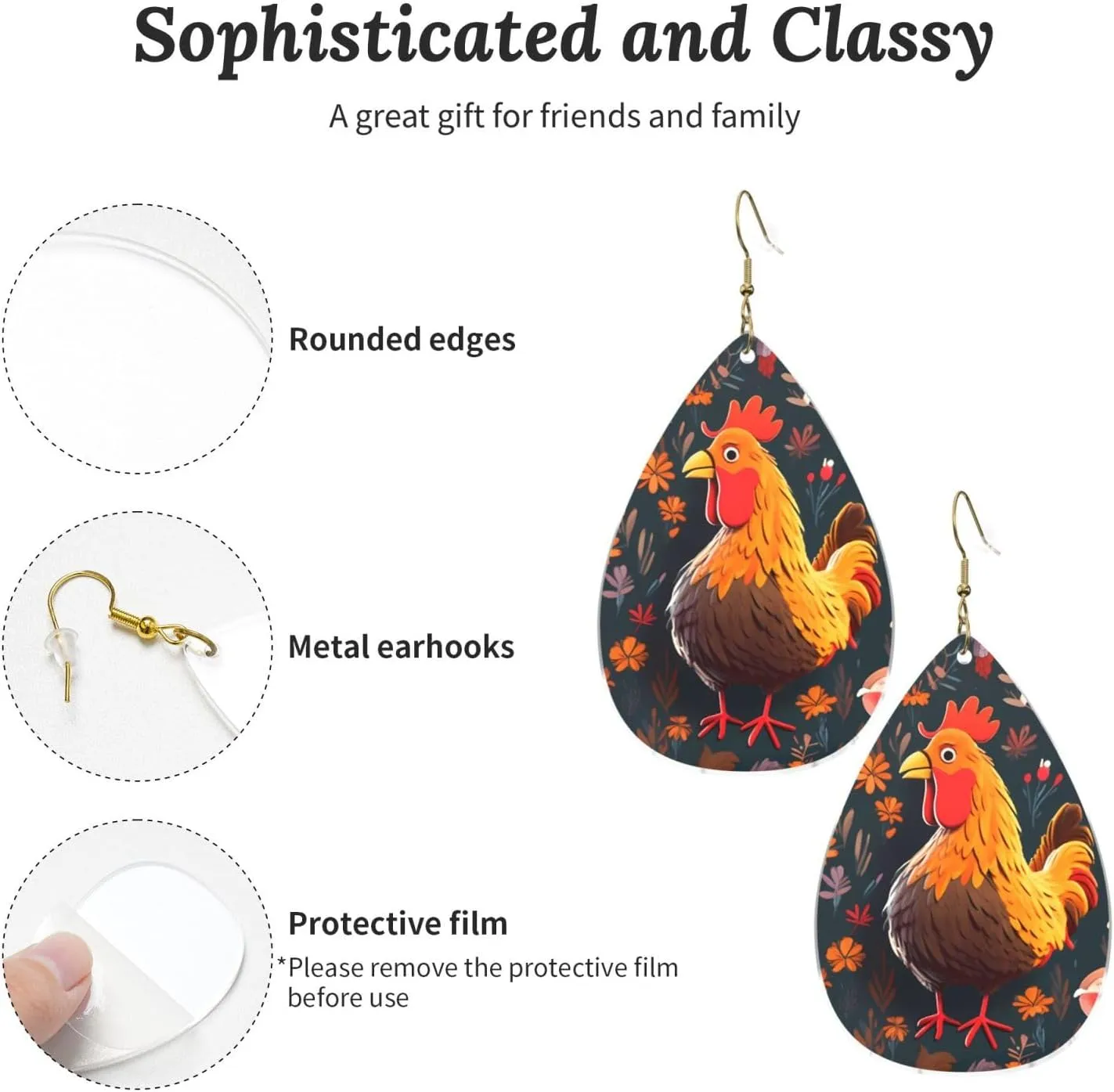Stylish Drop-Shaped Acrylic Earrings Lightweight Printed Teardrop Dangle Earrings for Women (Cute Rooster Chickens)