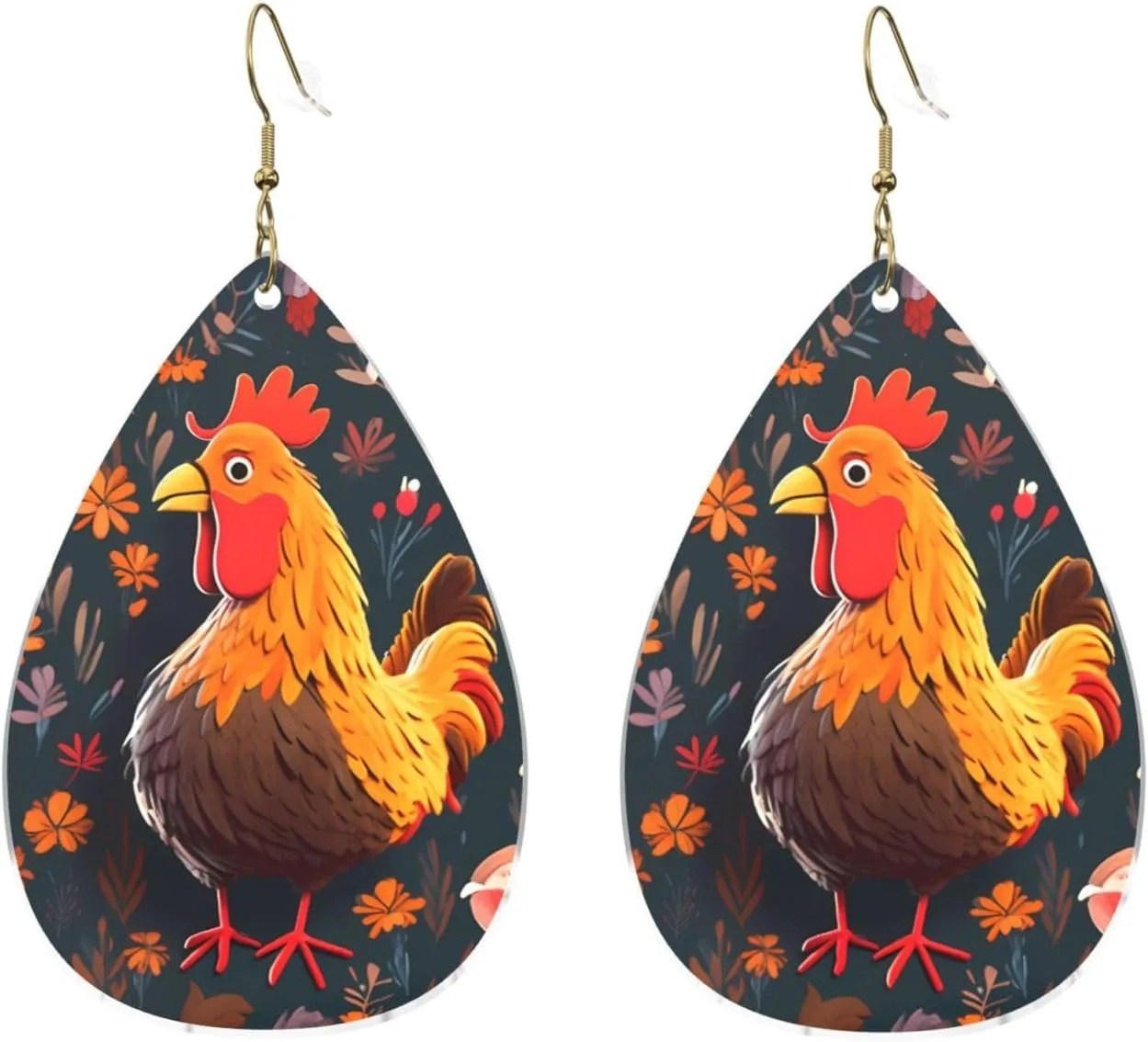 Stylish Drop-Shaped Acrylic Earrings Lightweight Printed Teardrop Dangle Earrings for Women (Cute Rooster Chickens)