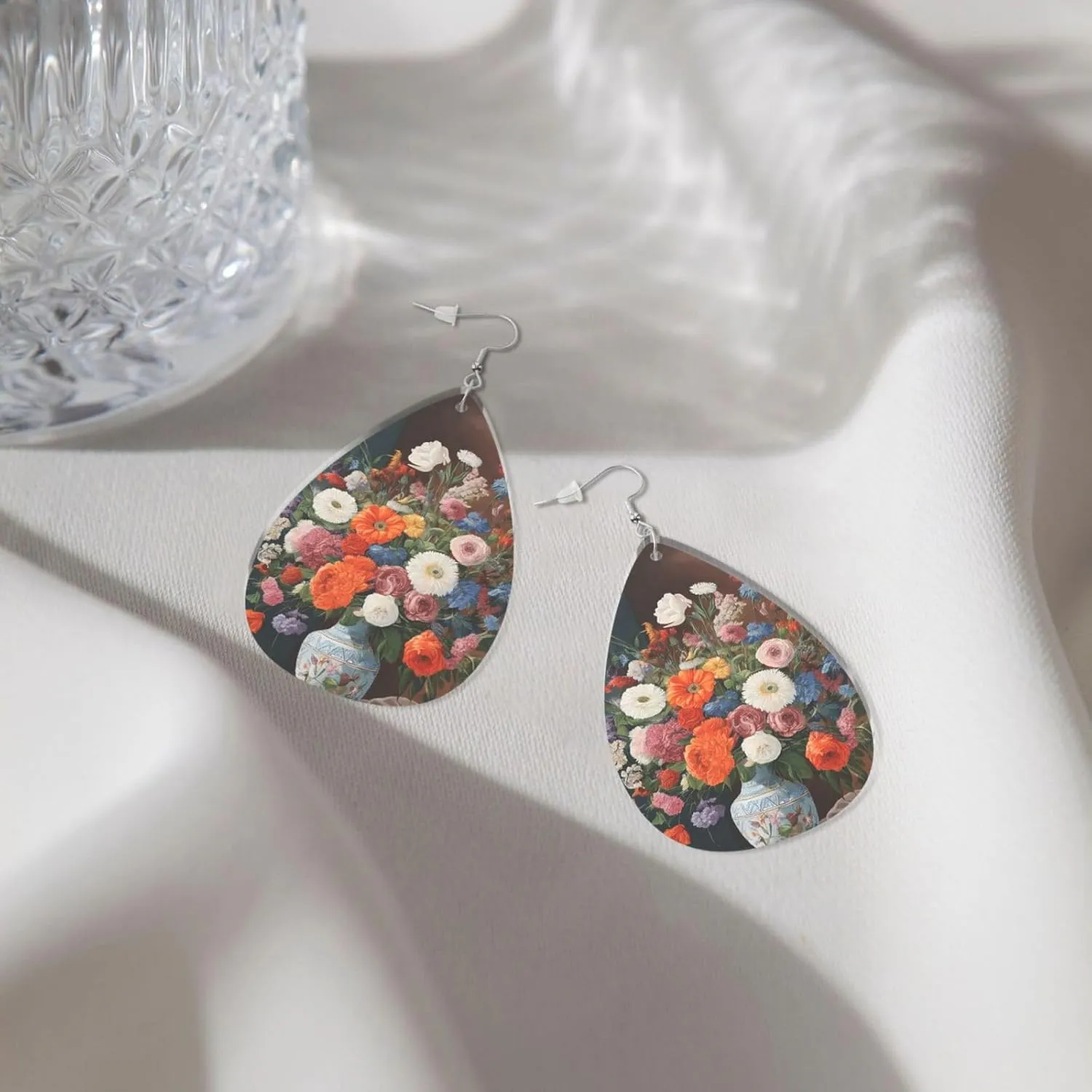 Stylish Drop-Shaped Acrylic Earrings Lightweight Printed Teardrop Dangle Earrings for Women (Flower Diamond Painting)