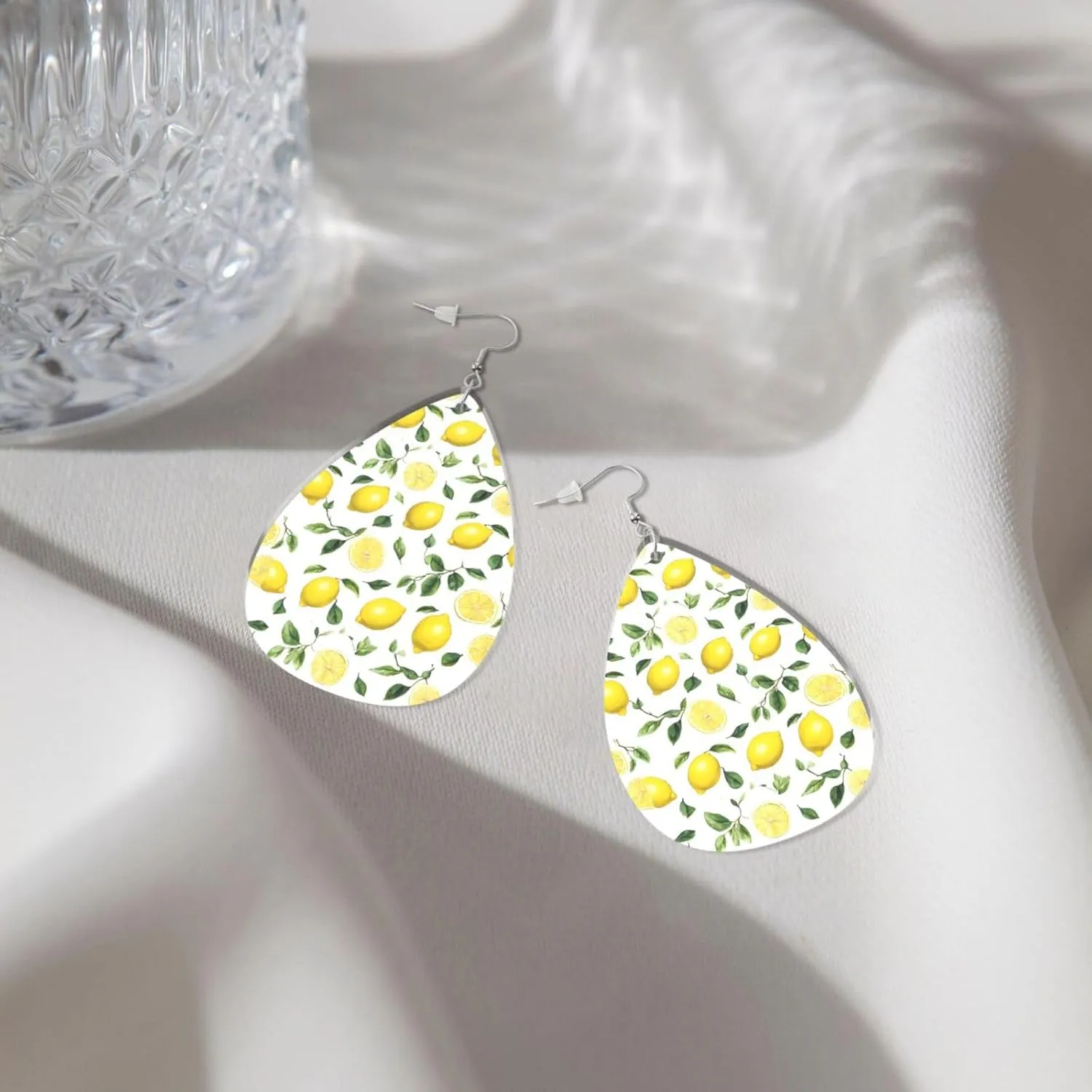 Stylish Drop-Shaped Acrylic Earrings Lightweight Printed Teardrop Dangle Earrings for Women (Fresh Tropical Lemon)