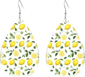 Stylish Drop-Shaped Acrylic Earrings Lightweight Printed Teardrop Dangle Earrings for Women (Fresh Tropical Lemon)