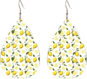 Stylish Drop-Shaped Acrylic Earrings Lightweight Printed Teardrop Dangle Earrings for Women (Fresh Tropical Lemons)