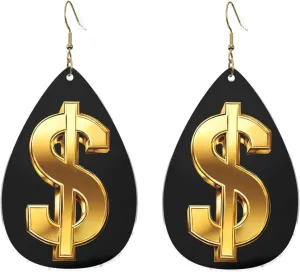 Stylish Drop-Shaped Acrylic Earrings Lightweight Printed Teardrop Dangle Earrings for Women (Gold Dollar Sign Print)