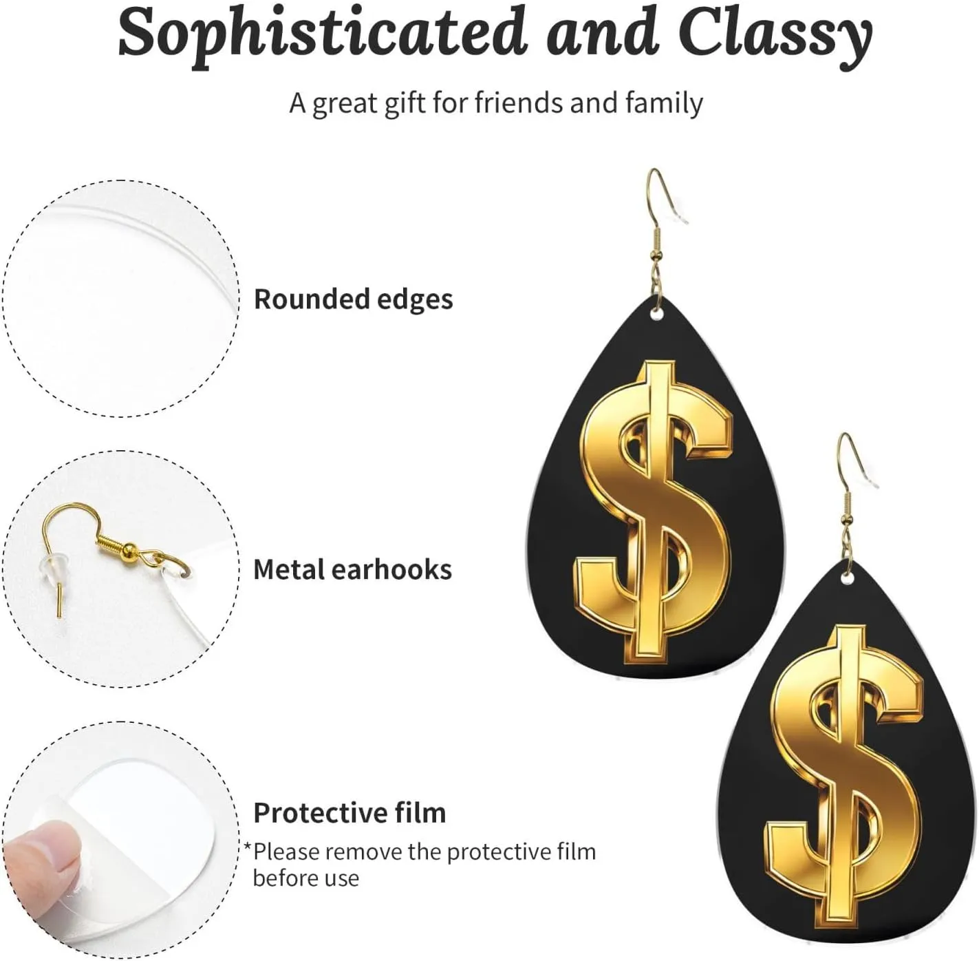Stylish Drop-Shaped Acrylic Earrings Lightweight Printed Teardrop Dangle Earrings for Women (Gold Dollar Sign Print)