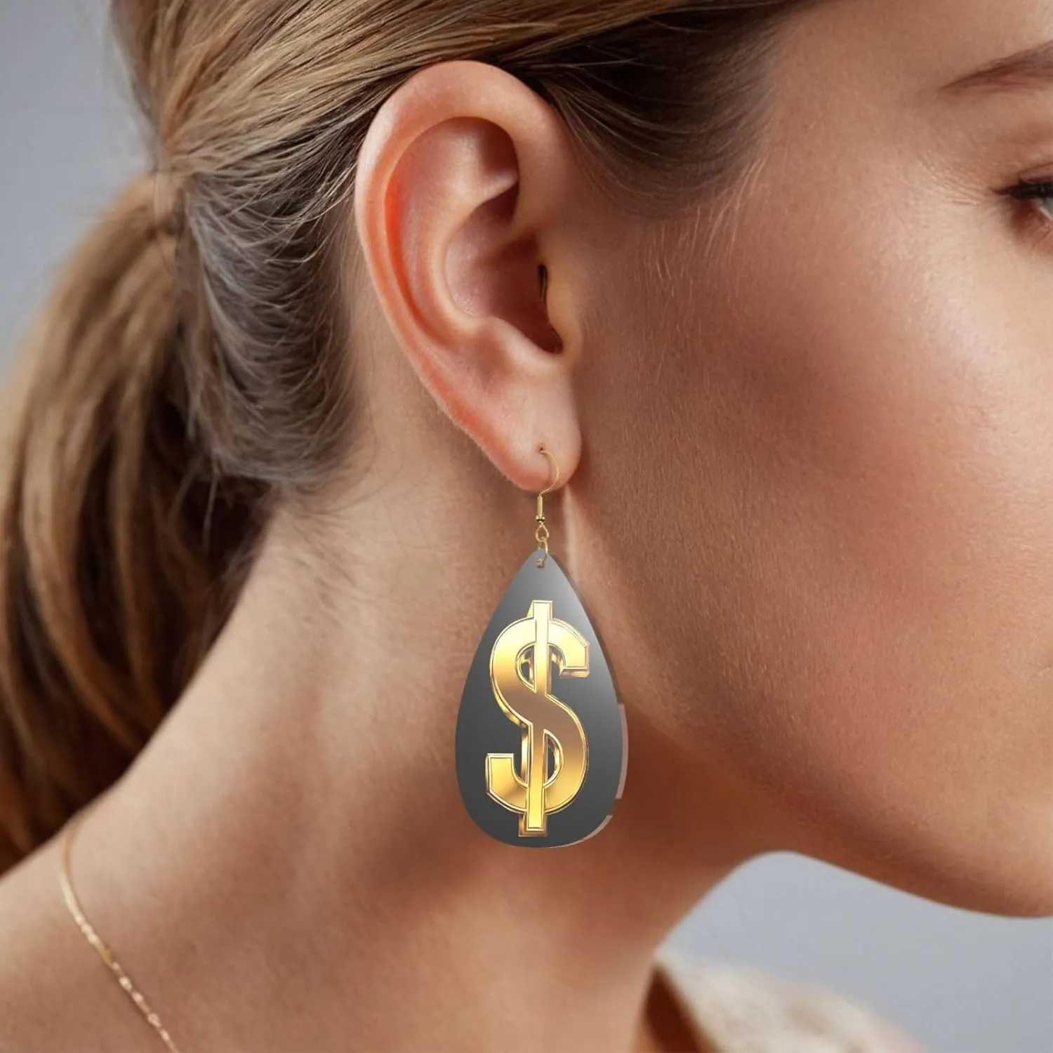 Stylish Drop-Shaped Acrylic Earrings Lightweight Printed Teardrop Dangle Earrings for Women (Gold Dollar Sign Print)
