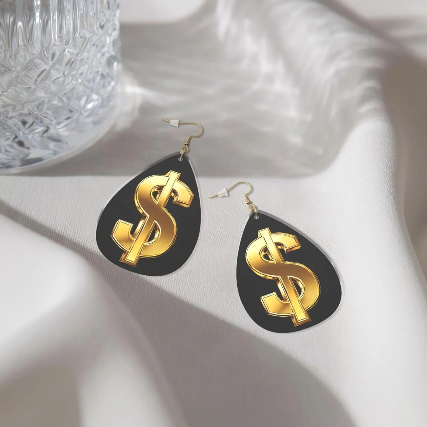 Stylish Drop-Shaped Acrylic Earrings Lightweight Printed Teardrop Dangle Earrings for Women (Gold Dollar Sign Print)