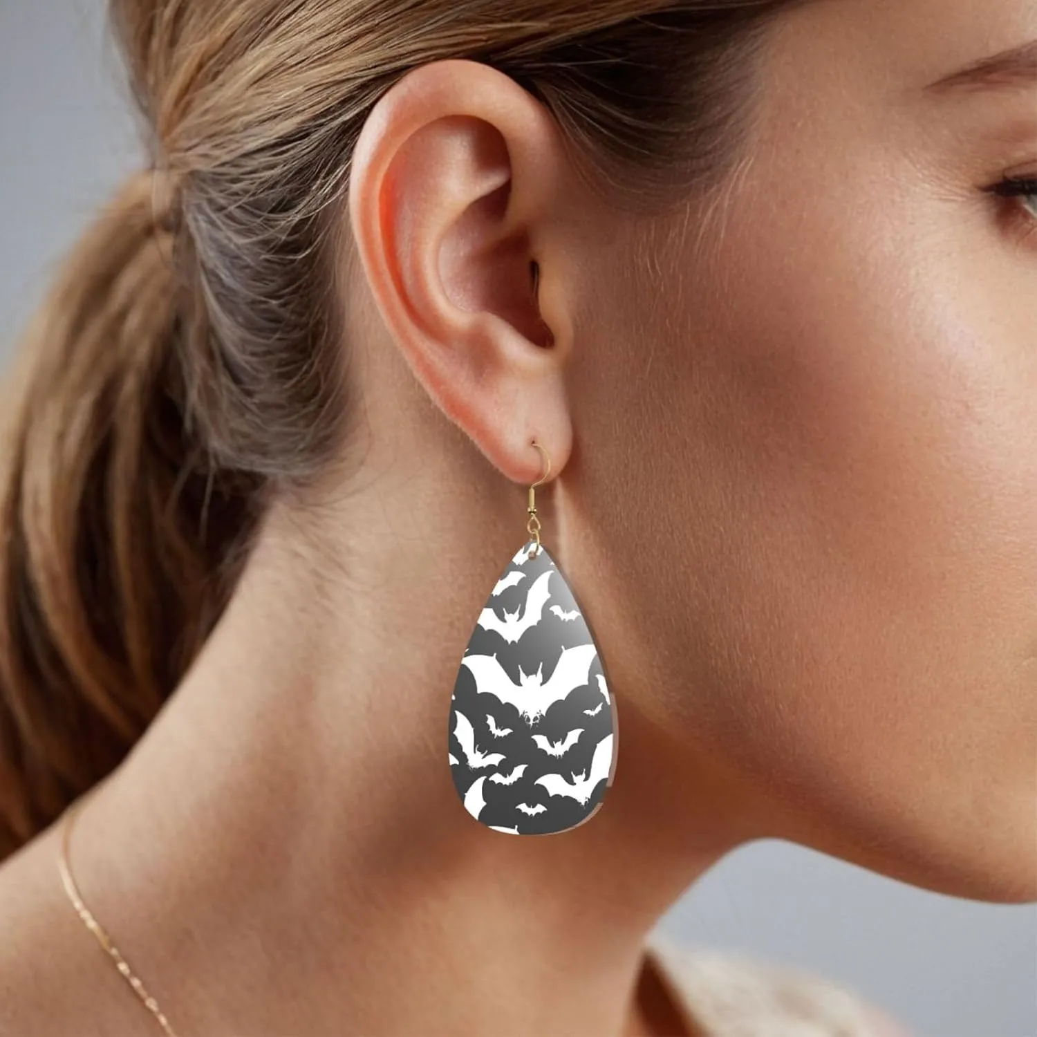 Stylish Drop-Shaped Acrylic Earrings Lightweight Printed Teardrop Dangle Earrings for Women (Halloween Flying Bats)