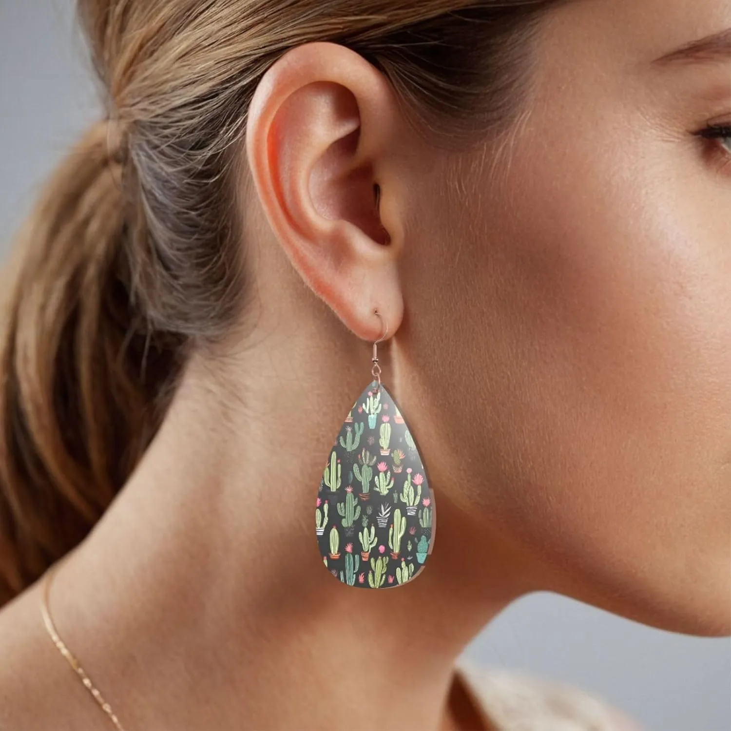 Stylish Drop-Shaped Acrylic Earrings Lightweight Printed Teardrop Dangle Earrings for Women (Plant Print)