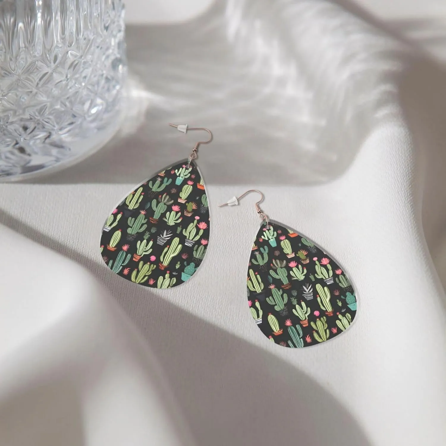 Stylish Drop-Shaped Acrylic Earrings Lightweight Printed Teardrop Dangle Earrings for Women (Plant Print)