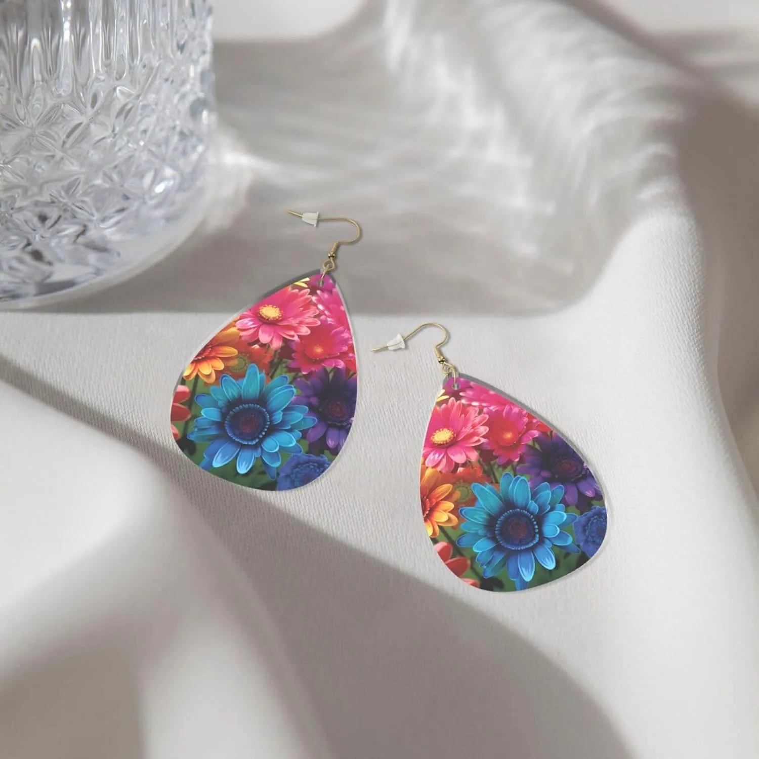Stylish Drop-Shaped Acrylic Earrings Lightweight Printed Teardrop Dangle Earrings for Women (Rainbow Flowers)
