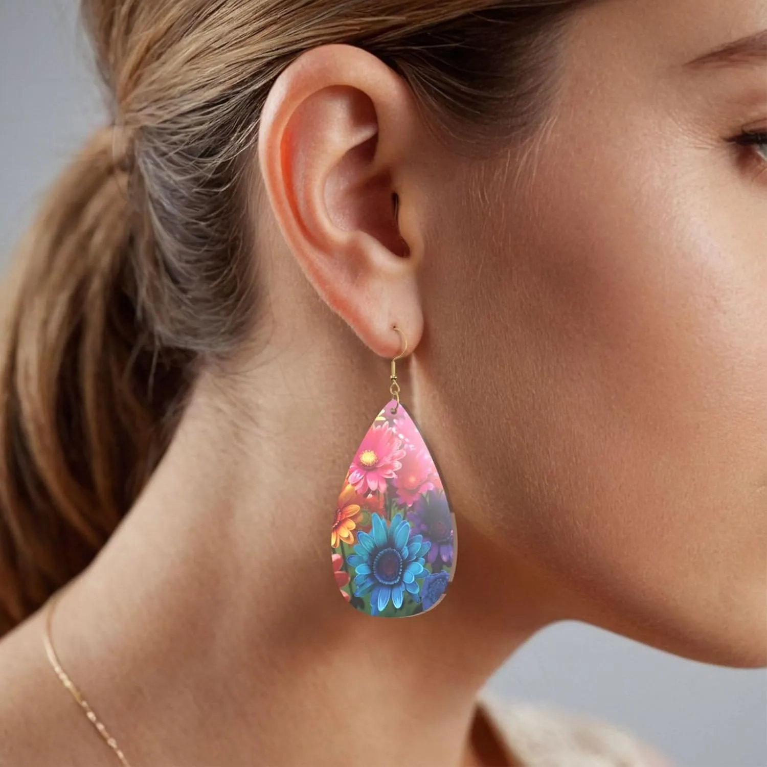 Stylish Drop-Shaped Acrylic Earrings Lightweight Printed Teardrop Dangle Earrings for Women (Rainbow Flowers)